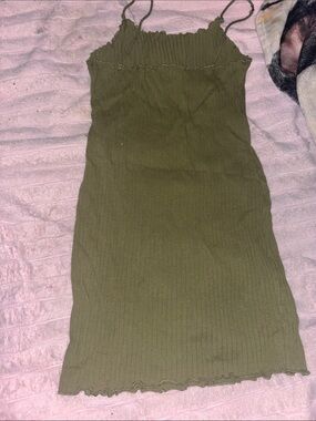 Slim Ribbed Olive Green Spaghetti Strap Mini Dress